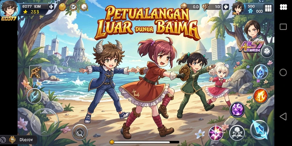 Tangkapan layar gameplay EOS77 yang menampilkan aksi pertarungan karakter anime.