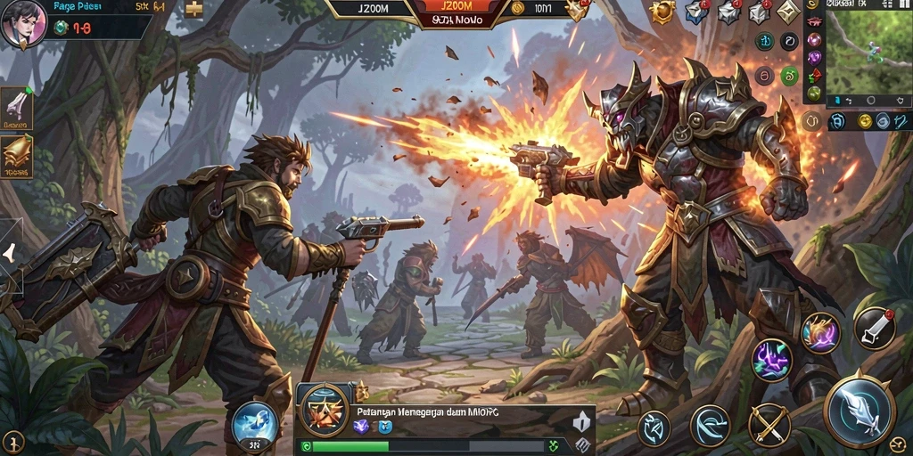 Tampilan gameplay seru pada J200M dengan pertarungan epik di dunia fantasi.