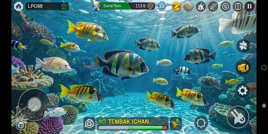 Gameplay LPO88 menunjukkan perburuan ikan yang seru dan mendebarkan.