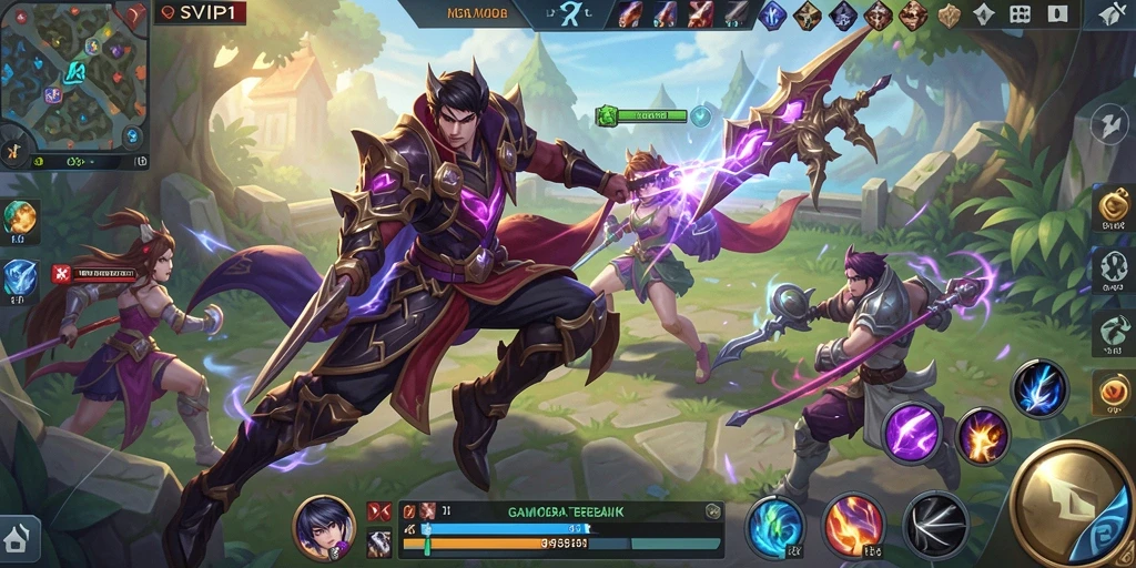 Screenshot gameplay SVIP1 menampilkan karakter bertarung dalam arena MOBA.