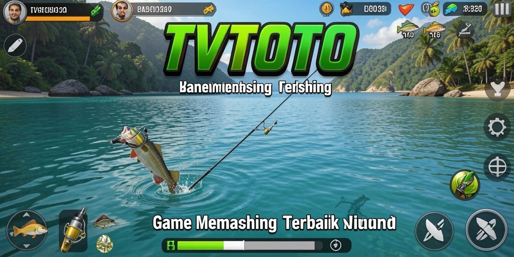 Tampilan gameplay <strong>TVTOTO</strong> saat pemain menarik ikan dari air.